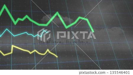 Displaying three colored line graphs fluctuating on blue grid overlay, with city skyline silhouette Displaying three colored line graphs fluctuating on blue grid overlay, with city skyline silhouette 135546401