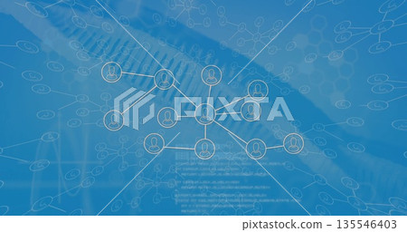 Displaying central network graph linking user icons on blue background, with code overlay, keyboard Displaying central network graph linking user icons on blue background, with code overlay, keyboard 135546403