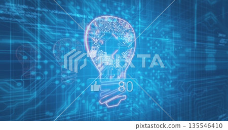 Showing glowing light bulb icon and faint outline on circuit board grid with thumbs-up count 80 135546410
