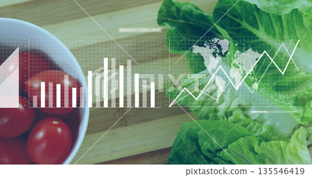 Displaying bowl of red cherry tomatoes with lettuce and chart overlay on cutting board, copy space Displaying bowl of red cherry tomatoes with lettuce and chart overlay on cutting board, copy space 135546419