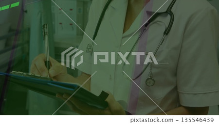 Writing healthcare worker in uniform holding pen and filling clipboard in clinic, with stethoscope Writing healthcare worker in uniform holding pen and filling clipboard in clinic, with stethoscope 135546439