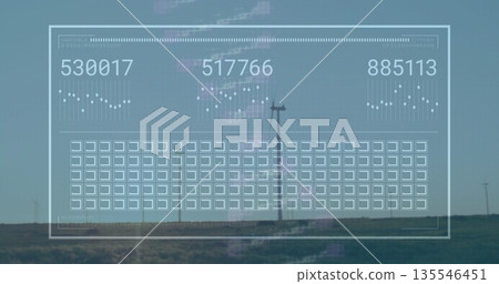 Displaying translucent interface overlaying grassy plain with turbines, with readouts and graphs Displaying translucent interface overlaying grassy plain with turbines, with readouts and graphs 135546451