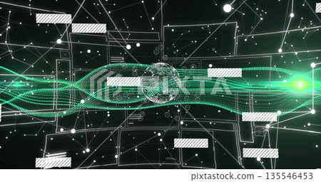 Displaying translucent orb sending green streams at interface, white particles and network grid Displaying translucent orb sending green streams at interface, white particles and network grid 135546453