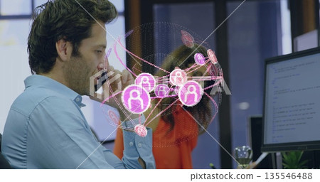 Leaning man wearing blue shirt, contemplating holographic network model at office, copy space Leaning man wearing blue shirt, contemplating holographic network model at office, copy space 135546488