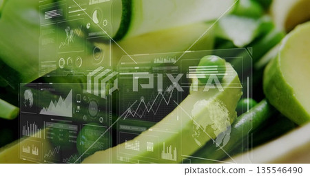 Displaying green bean slices in studio with interface panels showing data visuals and dashboards 135546490