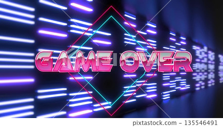 Glowing neon diamond outline framing 3D GAME OVER text in corridor, with horizontal neon light bars Glowing neon diamond outline framing 3D GAME OVER text in corridor, with horizontal neon light bars 135546491