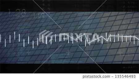 Displaying trading platform interface showing candlestick bars and line graph, with grid and labels 135546493
