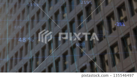 Displaying high-rise windows with overlaid blue grid and floating data points at urban exterior Displaying high-rise windows with overlaid blue grid and floating data points at urban exterior 135546497