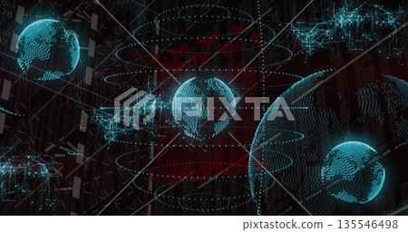 Floating blue holographic Earth over red matrix with orbital rings and data nodes, copy space 135546498