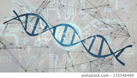 Displaying stylized blue DNA helix spanning grey backdrop, with circuit traces and network nodes Displaying stylized blue DNA helix spanning grey backdrop, with circuit traces and network nodes 135546499