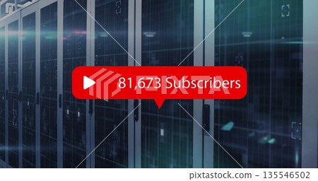 Displaying red subscriber count graphic floating in cold data center room, with server racks 135546502