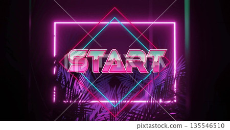 Glowing neon START sign creating retro-futuristic ambiance in digital space, with palm silhouettes 135546510
