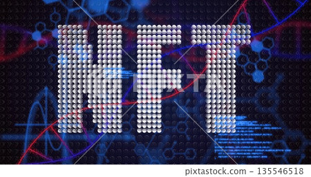 Displaying glowing dot-matrix NFT letters in digital grid, with light streaks, DNA strands and code Displaying glowing dot-matrix NFT letters in digital grid, with light streaks, DNA strands and code 135546518