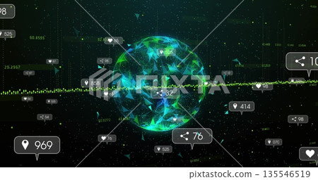 Rotating wireframe polygonal globe in digital network, with callout pin, share and heart icons 135546519