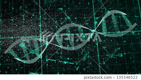 Floating DNA double helix rotating in digital environment, showing network nodes and data stream 135546522
