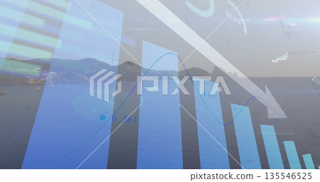 Displaying blue bar chart merging with downward arrow over coastal bay with numeric data labels 135546525