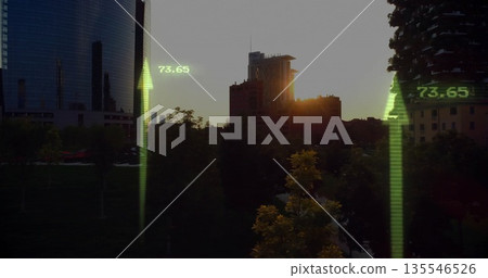 Showing skyline rising over tree-lined park at sunset, featuring glass skyscraper and 73 Showing skyline rising over tree-lined park at sunset, featuring glass skyscraper and 73 135546526