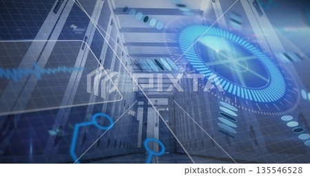 Glowing HUD overlays floating above server rack cabinets at data center corridor, with grid lines 135546528