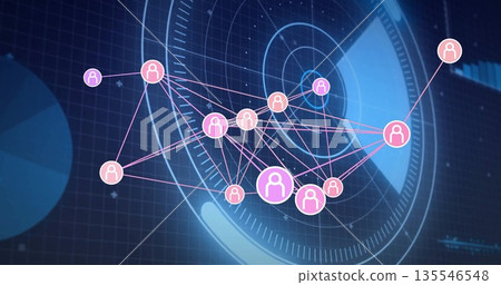 Visualizing network graph showing glowing avatar icons in dashboard, with connecting lines Visualizing network graph showing glowing avatar icons in dashboard, with connecting lines 135546548