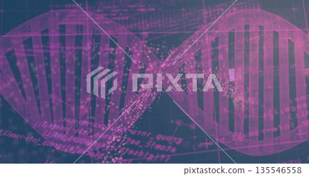 Floating DNA double helix looping across 3D data grid, with glowing clusters and annotations 135546558