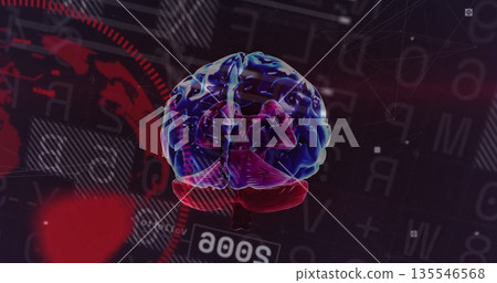 Rotating semi-transparent 3D brain model in digital network interface, with holographic overlays Rotating semi-transparent 3D brain model in digital network interface, with holographic overlays 135546568