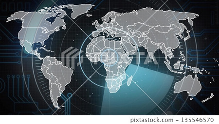 Displaying world map sweeping under scanning beam in console, with radar rings, circuit graphics Displaying world map sweeping under scanning beam in console, with radar rings, circuit graphics 135546570