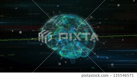 Displaying 3D wireframe brain hologram in grid, with illuminated nodes and streaming green points Displaying 3D wireframe brain hologram in grid, with illuminated nodes and streaming green points 135546571