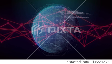 Hovering digital Earth globe with translucent wireframe mesh and magenta network web in cyberspace Hovering digital Earth globe with translucent wireframe mesh and magenta network web in cyberspace 135546572