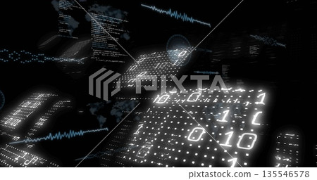 Floating binary code panel in digital void, with code snippets, waveform graphs and map outlines Floating binary code panel in digital void, with code snippets, waveform graphs and map outlines 135546578