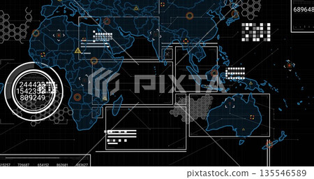Displaying digital map interface showing data overlays on dark grid with hexagons and warning icons Displaying digital map interface showing data overlays on dark grid with hexagons and warning icons 135546589