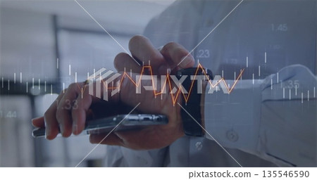 Tapping man in shirt interacting with smartwatch and smartphone in office showing financial chart Tapping man in shirt interacting with smartwatch and smartphone in office showing financial chart 135546590