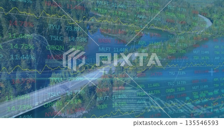 Displaying winding road curving through forest valley, with stock tickers, percent changes, trends Displaying winding road curving through forest valley, with stock tickers, percent changes, trends 135546593