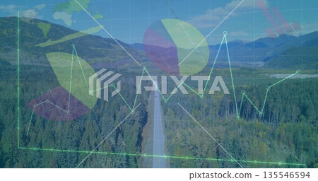 Displaying two-lane highway cutting through conifer forest valley with line graph and data overlays Displaying two-lane highway cutting through conifer forest valley with line graph and data overlays 135546594