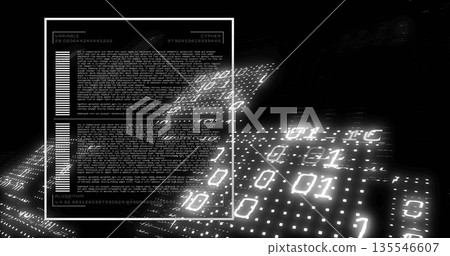 Floating white-framed digital panel displaying code blocks in dark void, with glowing binary grid 135546607