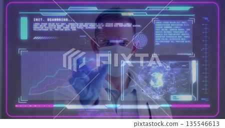 Doctor in lab coat, mask and gloves manipulating holographic panels and globe in diagnostics lab Doctor in lab coat, mask and gloves manipulating holographic panels and globe in diagnostics lab 135546613