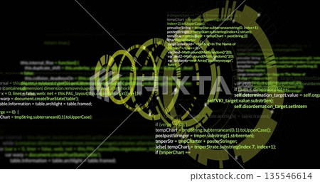 Displaying central neon green concentric circular HUD on dark interface, with scrolling code blocks 135546614