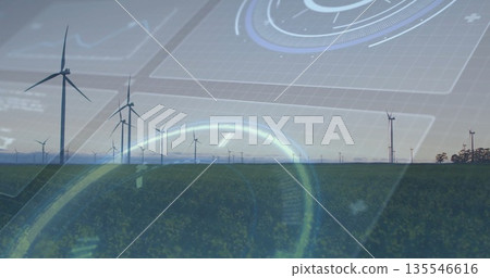 Displaying central cluster of wind turbines projecting data overlay over farmland, with digital HUD Displaying central cluster of wind turbines projecting data overlay over farmland, with digital HUD 135546616