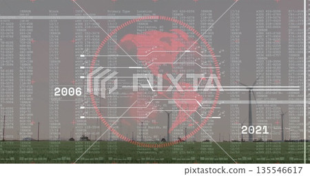 Displaying red digital globe floating above wind turbines, connecting error codes and year labels 135546617