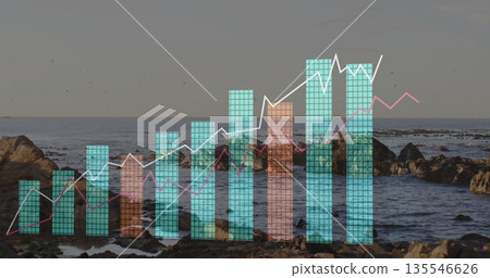 Translucent grid bars in teal-peach and line traces in white-pink occupying rocky coastal shore Translucent grid bars in teal-peach and line traces in white-pink occupying rocky coastal shore 135546626