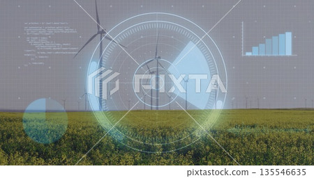 Three-blade turbine rotating in yellow field at wind farm, with HUD, code text and bar charts Three-blade turbine rotating in yellow field at wind farm, with HUD, code text and bar charts 135546635