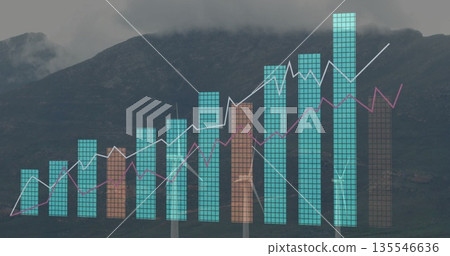 Data overlay displaying turquoise-brown bars and white-magenta lines over turbines at wind farm Data overlay displaying turquoise-brown bars and white-magenta lines over turbines at wind farm 135546636