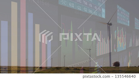 Displaying modern wind turbines spanning grassland, with bar graphs line charts and data panels Displaying modern wind turbines spanning grassland, with bar graphs line charts and data panels 135546640