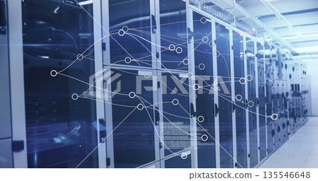 Showing server cabinets lining data center aisle with raised floor tiles, network topology graphics 135546648