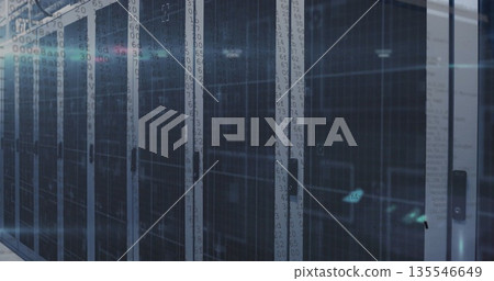 Revealing server cabinets housing blinking rack servers in data center, with futuristic overlay Revealing server cabinets housing blinking rack servers in data center, with futuristic overlay 135546649