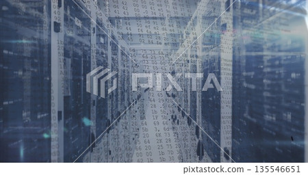 Shimmering central server corridor running through data center, with rack switches and data cables 135546651