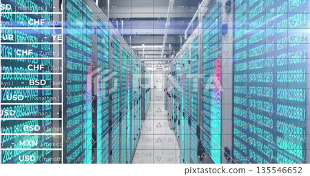 Showing aisle of server racks glowing turquoise LEDs in server corridor, financial data overlay 135546652