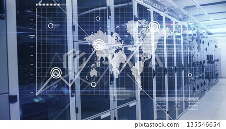 Lighting server racks on tile floor in data center aisle, mesh doors, cable trays, network overlay Lighting server racks on tile floor in data center aisle, mesh doors, cable trays, network overlay 135546654