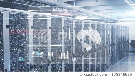 Projecting holographic interface on server racks processing data in data center corridor with LEDs 135546659