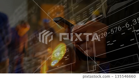Holding smartphone, dark-skinned hand projecting holographic data panels in modern office space Holding smartphone, dark-skinned hand projecting holographic data panels in modern office space 135546660