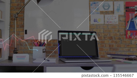 Laptop running code at home office, with lamp, notebook, whiteboard and chemistry posters Laptop running code at home office, with lamp, notebook, whiteboard and chemistry posters 135546667